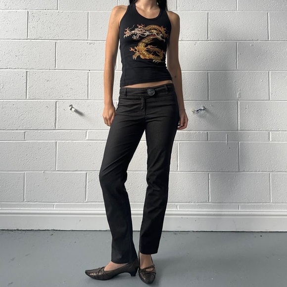 COP COPINE Black Gray Pattern‎ Pants Slacks Trousers Mid Rise Low Button 42 L XL